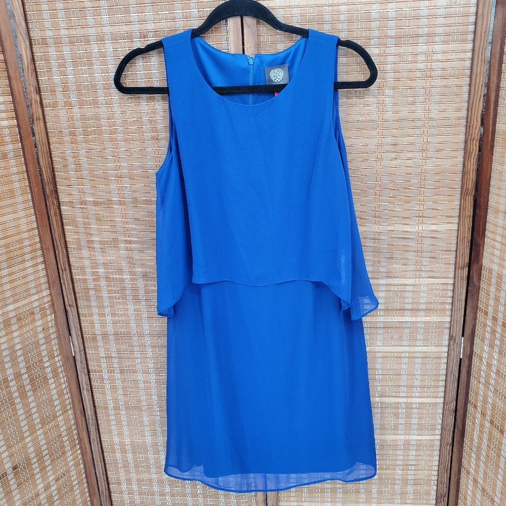 ♧ Vince Camuto Cobalt Blue Sheer Layered Sleeveless Cape Dress Size 4 NWT